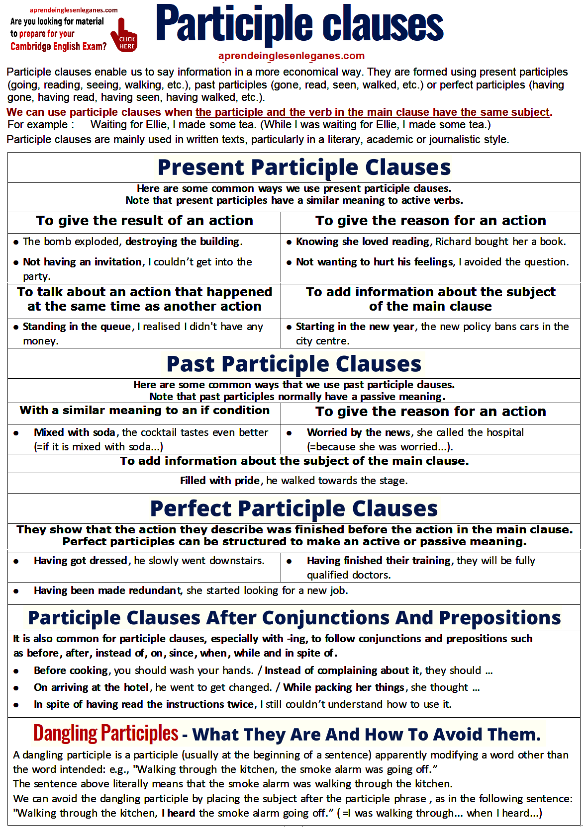 PARTICIPLE CLAUSES BEST GRAMMAR SHEET